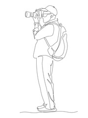 Man photographer in glasses with backpack taking picture with photo camera. Side view. Continuous line drawing. Black and white vector illustration in line art style.