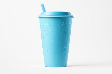 Bright blue beverage cup with condensation and a straw on white background