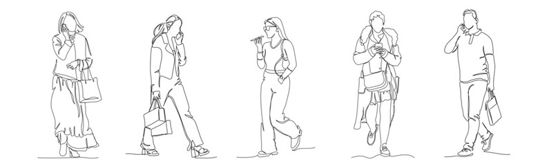 Men and women talking on phone. People walking set. Continuous line drawing elements. Black and white vector illustration in line art style.