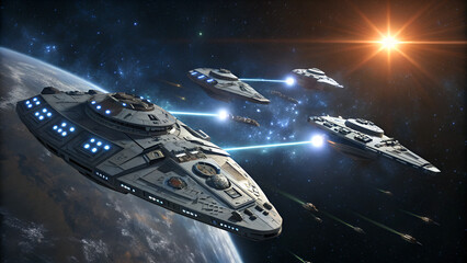 A fleet of futuristic spaceships flies above a planet, firing blue lasers in a dramatic outer space battle scene.