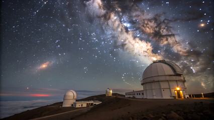 Starry night sky over observatories on a mountain, with the Milky Way galaxy and stars brilliantly visible above the domes.