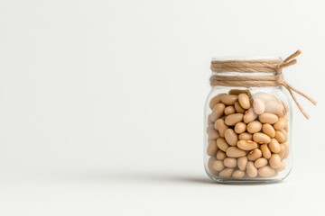 Glass jar filled with white beans on white background