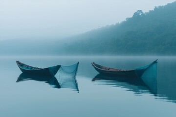 Two wooden boats floating on misty lake at dawn with reflection in calm water. Moody minimalist landscape scene with empty fishing boats in foggy morning atmosphere