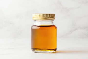 Clear glass jar filled with amber liquid on white background