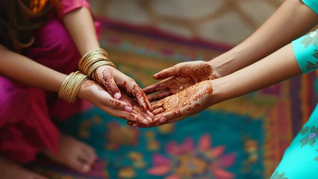 A woman and a child are sitting on a blue carpet with henna designs on their hands. The woman is holding the child's hand, and they both have gold bangles on their wrists