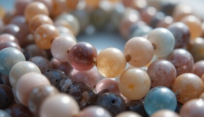 Colorful beads display crafting event art studio indoor close-up handmade jewelry concept