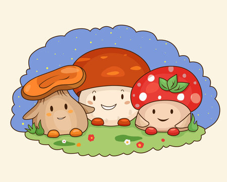 Naklejki Colorful illustration with funny mushrooms and flowers. Autumn stickers. Flat design. Vector illustration.