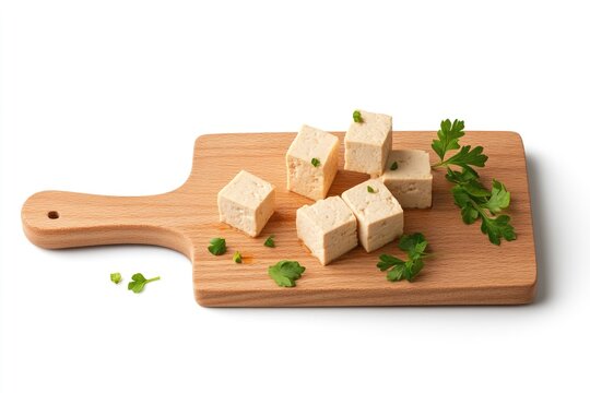 Freshly cut cubes of cheese arranged on a wooden cutting board with fresh herbs on white background - Powered by Adobe