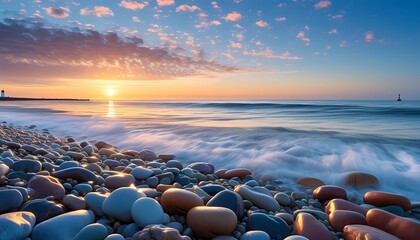 Obraz premium Serene sunset over pebbled shore coastal landscape scenic view tranquil environment nature's beauty
