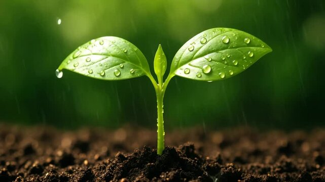 Rain gently falling on young green seedling, nurturing delicate growth and symbolizing potential of new life emerging from fertile soil against pristine background