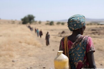 African woman carrying water container walking through dry field with people in distance. Global warming and drought concept. World water crisis and climate change
