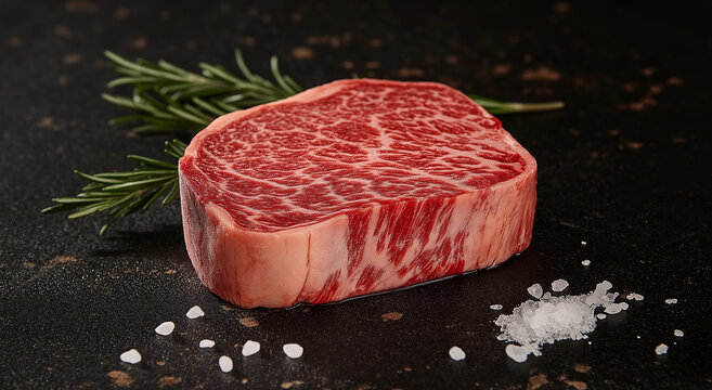 Close-up de bife cru com marmoreio vis&iacute;vel, em um fundo escuro com raminhos de alecrim e cristais de sal espalhados