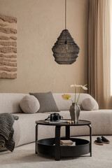 Modern living room with beige textured walls, designer sofa, black coffee table, and pendant lamp. Neutral tones and minimalist decor create a calm and cozy atmosphere...