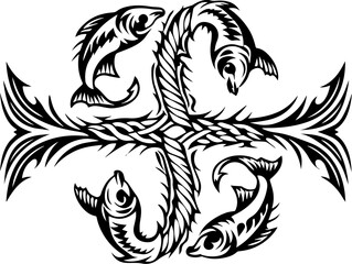 Fototapeta premium SVG vector of ocean biodiversity and vibrant marine life. Intricate Black and White Fish Pattern with Decorative Elements