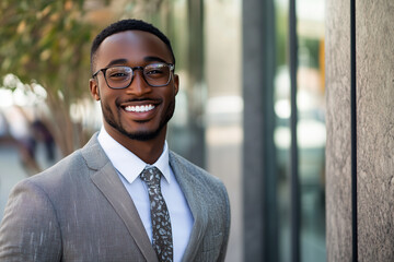 Confident smiling businessman in a suit standing outdoors