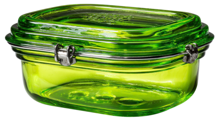 Lime Green Glass Container: A vibrant lime green glass container with a secure metal clasp, perfect for storing small items or showcasing decorative pieces.