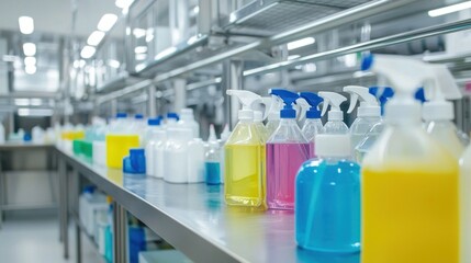 Hygienic environment with cleaning products and disinfectant sprays.