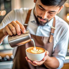 Barista pouring milk art onto a latte