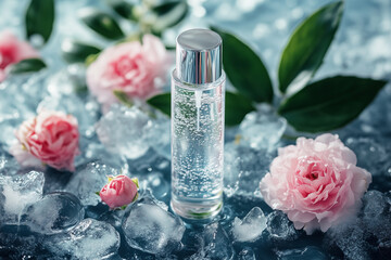 Pink rose in a glass bottle with petals for beauty and spa treatment