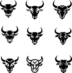 Bull face vector icons pack,. Bold black icon ideal for logos, decals, and digital graphics.