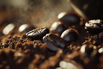 Close-up of dark roasted coffee beans on a black background, perfect for a cafe drink