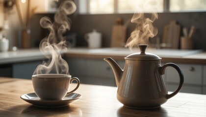 Brewing fresh tea in a cozy kitchen cup and teapot warm atmosphere home setting close-up perspective