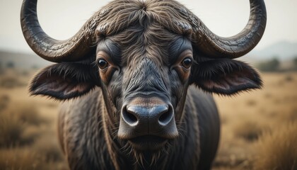 Naklejka premium Majestic african buffalo grazing in savanna wildlife photography natural habitat close-up view