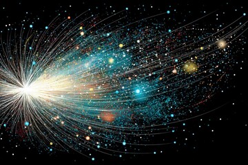 Fototapeta premium A burst of light and colorful particles radiates from a single point against a black background, resembling a cosmic or scientific phenomenon.