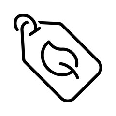 Eco-friendly tag (outline style). A tag with a leaf symbol on it, hanging from a loop, symbolizes organic products, sustainable practices, or environmentally friendly options. Items that are natural