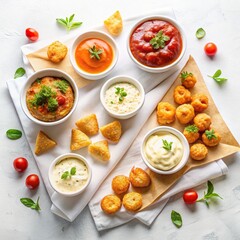 Assorted small plates of appetizers with various dips