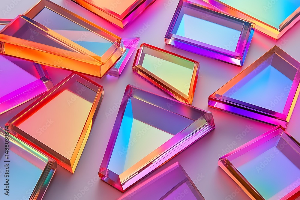 Poster neon prisms arranged in angular architectural layers