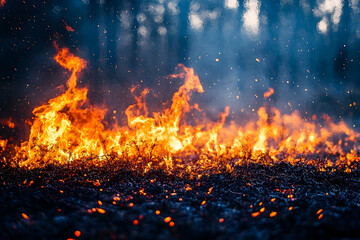 Intense flames consume the underbrush, glowing embers rising against a blurred forest backdrop on a dark day