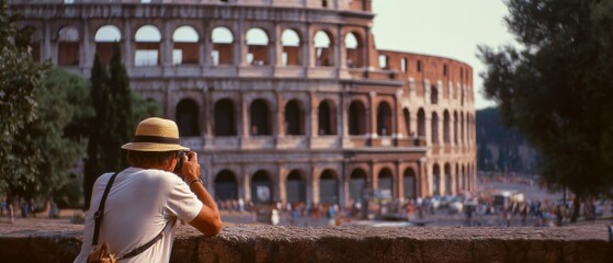 A person in a straw hat photographs the Colosseum from a distance, capturing its ancient grandeur and historic ambiance.