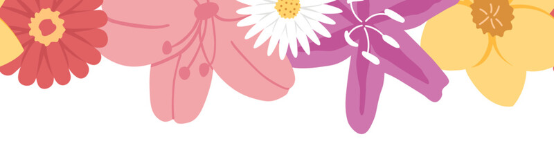 Simple vector background summer floral banner template with blooming flowers in pastel colors.