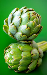 Obraz premium Artichokes stacked on a green surface. Two fresh artichokes are stacked, showcasing their vibrant green color against a smooth green background.