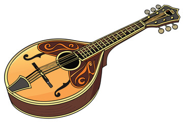 137 a detailed, photorealistic digital illustration of a beautiful vintage-style mandolin, with a warm, glowing sunset gradient coloring and intricate wood grain textures, highly detailed, vibrant col