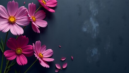 Obraz premium Pink Cosmos Flowers on Dark Blue Surface with Texture and Scattered Petals, Corner Arrangement and Ample Copy Space. 
