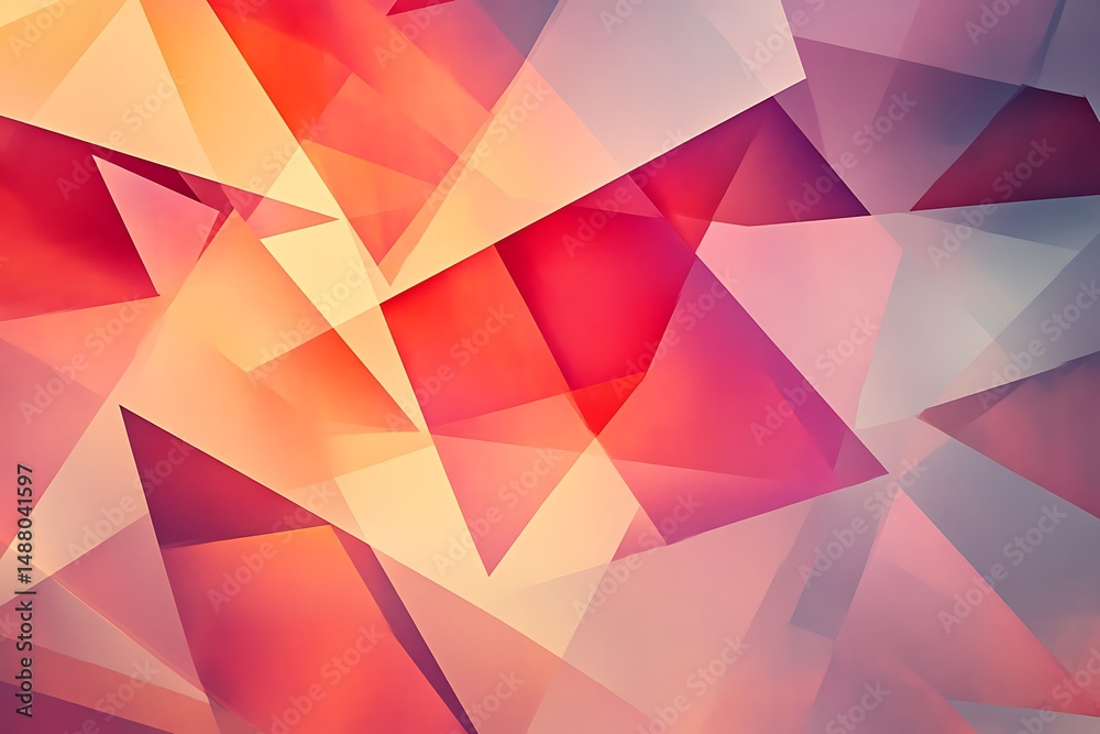 Poster overlapping polygons in ruby red and peach, rotated in rhythmic patterns over a cool grey gradient