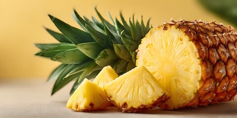 Whole pineapple, green crown, cut half with juicy yellow flesh, two wedges. On right, against clean pale yellow background. Bright, natural studio lighting. Food photography setup.