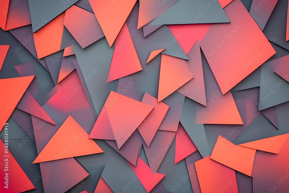 Poster overlapping polygons in ruby red and peach, rotated in rhythmic patterns over a cool grey gradient