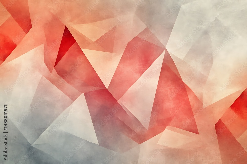 Poster overlapping polygons in ruby red and peach, rotated in rhythmic patterns over a cool grey gradient