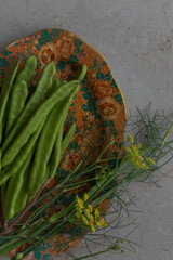 Green carob beans and fennel on textured background. Perfect for farming presentations, botanical visuals, or crop diversity promotions.