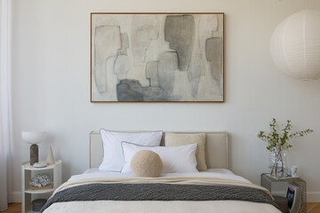 Minimalist bedroom with an abstract artwork above the bed, featuring soft neutral tones, crisp bedding, and sculptural decor.