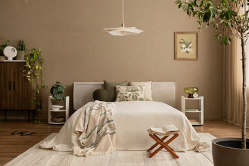 Elegant bedroom featuring abstract art, green accents, and layered natural textiles for a calming feel. Modern home decor.