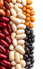 Colorful bean display. Assorted beans in various colors and sizes are neatly arranged side by side on a plain background, showcasing diversity.
