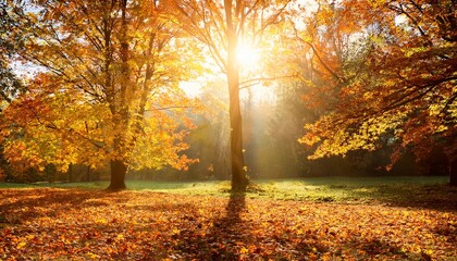 Fototapeta premium autumn landscape fall scene trees and leaves in sunlight rays