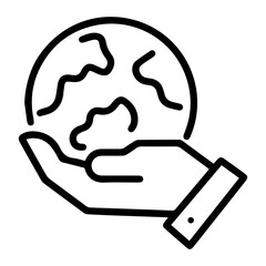 Hand holding earth (outline style). A hand gently cradles a globe with continents outlined, symbolizing care for the planet, environmental awareness, or global responsibility. The act of protecting