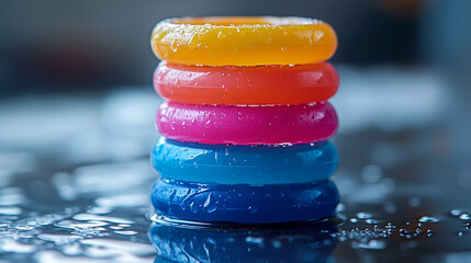 Stacked colorful rings on wet surface with reflections