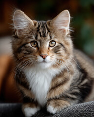 Kitten sitting calmly on bed with sunlight