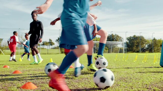 Active, kids and dribble with ball for soccer practice, training and fitness exercise. Children, equipment and drill with cones for sports workout, skills technique and learning agility of team match